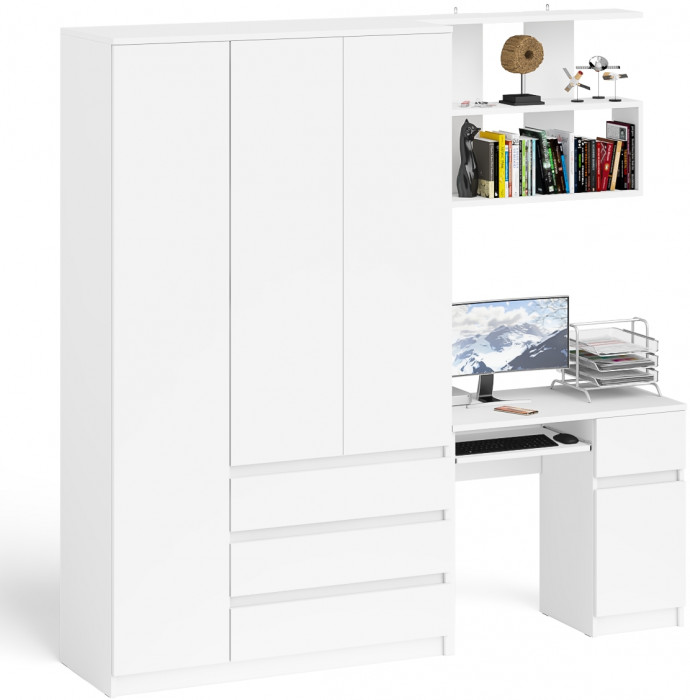 Мори Стол компьютерный МС-1 правый + Шкаф МШ1200.1 + Полка 900, цвет белый, ШхГхВ 210,4х50,4х209,6 см., НЕ универсальная сборка