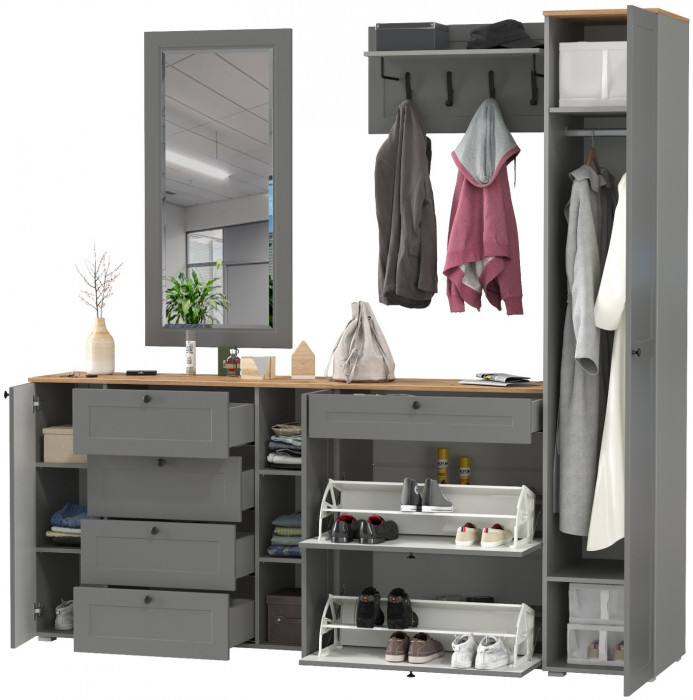 Остин Прихожая 57, цвет серый графит/дуб крафт золотой, ШхГхВ 240х54,3х229,6 см., универсальная сборка