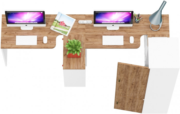 Лидер-8 Стол + Стол + Пенал МД 21Б, цвет белый шагрень/крафт золото, ШхГхВ 370х50/37,5х75/190 или 230х120/50х75/190 см., НЕ универсальная сборка