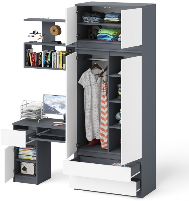 Мори Стол компьютерный МС-1 левый + Шкаф МШ900.1 + Антресоль МА900.1 + Полка 900, цвет графит/белый, ШхГхВ 180,4х50,4х234,2 см., НЕ ун. сб.