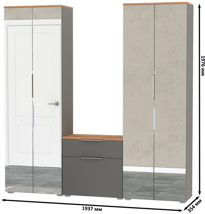 Октава Прихожая 24, цвет серый графит/дуб крафт золотой/фасады МДФ серый графит, ШхГхВ 193,7х35,4х197,6 см., универсальная сборка