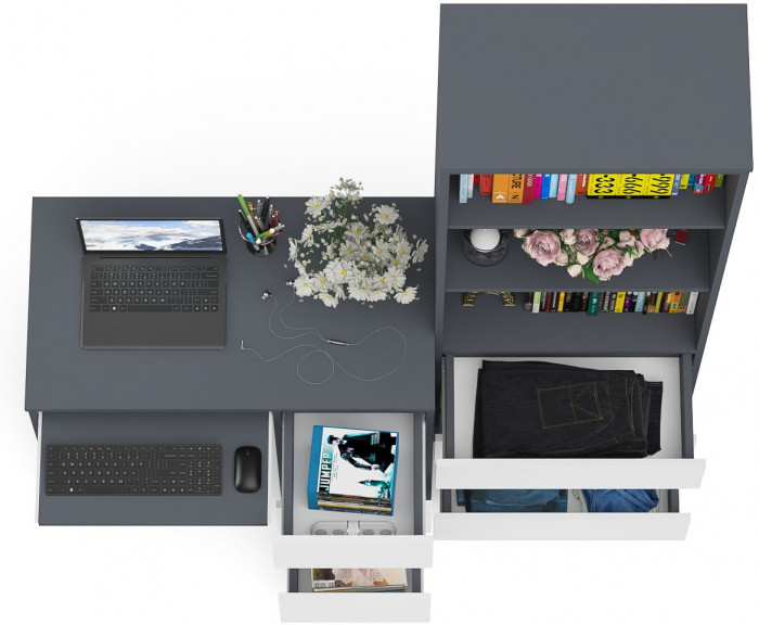 Мори Стол компьютерный МС-6 правый + Стеллаж МСТ600.3, цвет графит/белый, ШхГхВ 150,4х50х179,6 см., выдвижные ящики справа, НЕ универсальная сборка