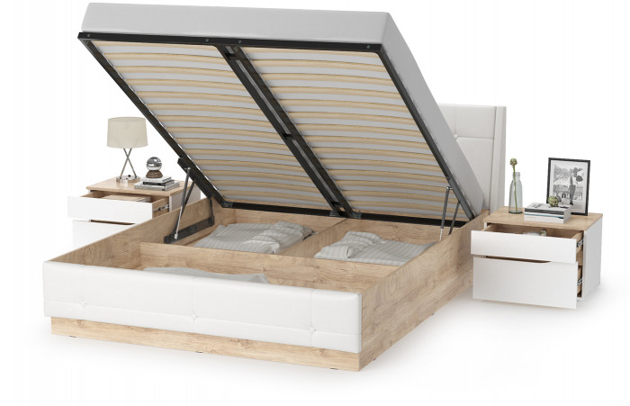 Муссон Кровать 11.28 + подъёмный ортопед + 2 х Тумба 16.03, цвет белый/дуб эндгрейн элегантный/кожзам белый/, сп. м. 1600х2000 мм., б/м